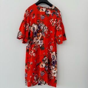 NWT H&M Red Floral Midi Dress Bell Sleeve Shift Boho Picnic Wedding Womens 10
